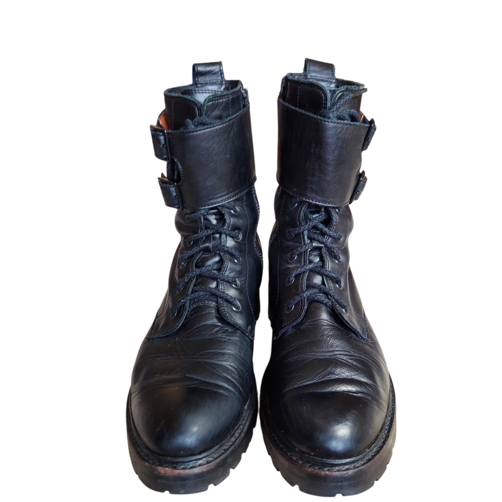 Frye Julie Biker Engineer Black Leather Lace-up Lug Sole Boots - Picture 2 of 15